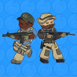 May include: Illustration of two cartoon soldiers in tactical gear, each holding a rifle. One soldier wears a green cap with a Union Jack, the other a tan hat. The background is a repeating pattern of blue chickens.