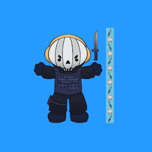 May include: Cartoon illustration of a character with a skull-shaped head wearing a tactical vest and holding a knife. The character is in a combat pose, with a blue background. A repeating pattern of the character's head and knives is on the right.