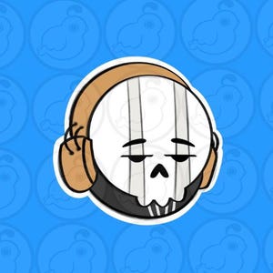 May include: A sticker featuring a cartoon skull wearing brown headphones. The skull is white with black and gray details, including vertical lines and a black beard. The background is a light blue with a repeating pattern of a chicken.