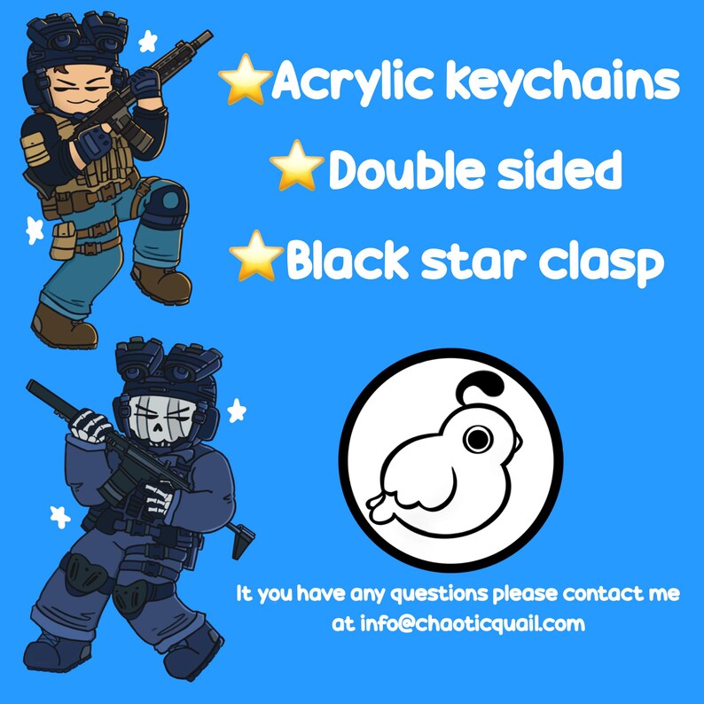May include: Acrylic keychains with double-sided designs and black star clasps. The image features two cartoon soldiers in tactical gear, set against a blue background with white stars. A circular logo with a bird is also included.