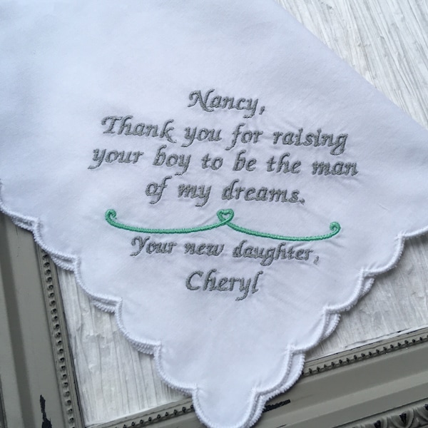 Mother in law wedding hankie gift-Thank you for raising your boy to be the man of my dreams-Wedding handkerchief-Wedding gift-mother in law