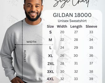 Tabla de tallas Gildan 18000 Tabla de tallas G1800 Sudadera con cuello redondo gris Tabla de tallas 18000 Tabla de tallas unisex - DCMSC0016