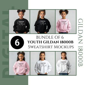 Gildan 18000B-jeugdmodelbundel Mockup jonge meisjes Gildan-sweatermodel met ronde hals, drie kleuren, hoogwaardig sweatshirtmodel - DCM0109