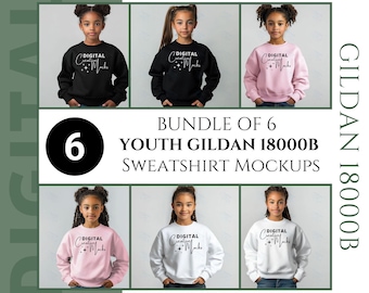 Gildan 18000B Youth Mockup Bundle Young Girls Mockup Gildan Crewneck Sweatshirt Mockup Three Colors High-Quality Sweatshirt Mockup - DCM0109