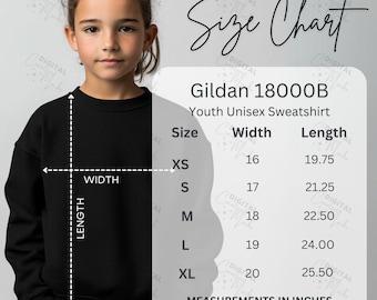 Gildan 18000B Youth Size Chart Kid Sweatshirt Size Chart Youth Black Crewneck Size Chart 18000B Size Chart - DCMSC0011