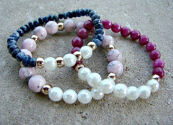 Items similar to Beaded Stretch Bracelet, Bead Bracelet, Gemstone Bracelet, Maroon, Stacking ...