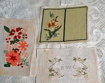 3 Preworked NEEDLEPOINT CANVASES to Finish for Phone Glasses Cases @8" sq Gray Green Dogwood Bloom Orange Burgundy Flowers Apple Blossoms