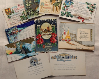 Christmas Litho Postcards Lot Snowy Scenes Holly Pinecones Antique 1900s Junk Journals Ephemera