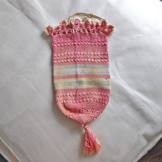 Netted Reticule Knitted Drawstring Bag Antique Rose Cotton Reticule C… - Gem