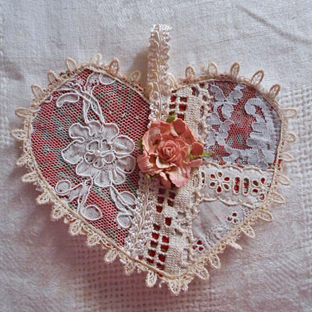 CRAZY for You HEART Collage Sweet Girlie Love Upcycled Bridal & Vintage Lace Patchwork Fabric