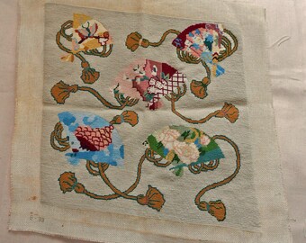 Detailed JACOBEAN FANS NEEDLEPOINT Finished Design Blue Burgundy Green Pink Flowers Butterfly on Ivory Wool to Frame or Pillow Front 13.5"