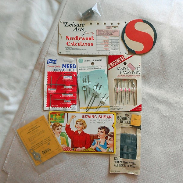 Slow STITCHING & SEWING NEEDLES Lot Various Szs Upholstery Hand Work Repair Vintage Susan Safeway Needle Books Threader Thimble Singer Prims