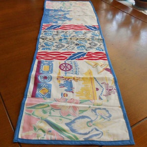 Handmade TABLECLOTH REMNANTS Table Runner D S Pastel Tulips Daisies Daffodil Mexican Scene Feedsack RWB Borders 12 x 40 Blue Tropical Back zdjęcie 1