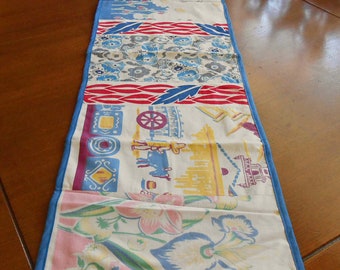 Handmade TABLECLOTH REMNANTS Table Runner D S Pastel Tulips Daisies Daffodil Mexican Scene Feedsack RWB Borders 12 x 40 Blue Tropical Back