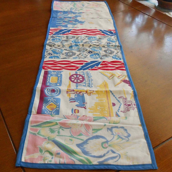 Handmade TABLECLOTH REMNANTS Table Runner D S Pastel Tulips Daisies Daffodil Mexican Scene Feedsack RWB Borders 12 x 40 Blue Tropical Back