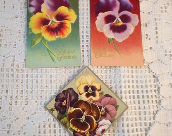 3 PANSY BIRTHDAY POSTCARDS & Card, Purple Pink Yellow Mauve Petals Blooms Bright Antique Litho Colors Sweet Greetings Edwardian Era Find