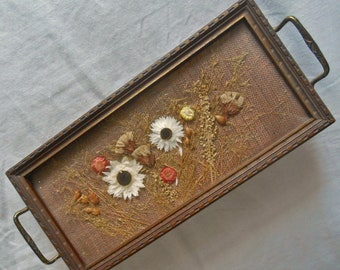 Pressed BOTANICALS VANITY TRAY Daisies Statice & Grasses on Textured Mauve Fabric Vintage 4.5 by 9.5 Plus Brass Handles Period Wood Frame