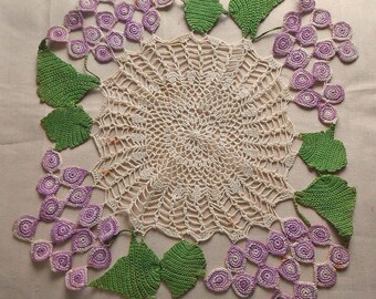 Purple GRAPES and Green LEAVES Square DOILY Hand Crochet Detailed Ivory Center 4 Corner Clusters 1930 Vintage 16.5" Table Topper Centerpiece