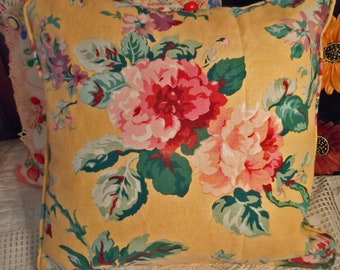 PINK ROSES Pillow Cover Lavender Snapdragons & Green Leaves on Yellow Cotton Floral Print Piped Edges Button Back 16" Meg Perry's Handmade