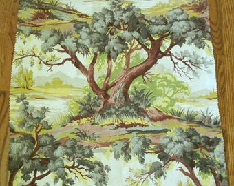 Tree Scape Barkcloth Drape Remnants Country Scene Vat Dyed Textured Vintage Choice of 2 sizes