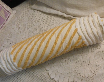 STRIPED CHENILLE Bolster Neck Roll Pillow Textured Tufted Gold on Cream Background Soft Upcycled Vintage Bedspread Comfy 21" x 6" + Insert