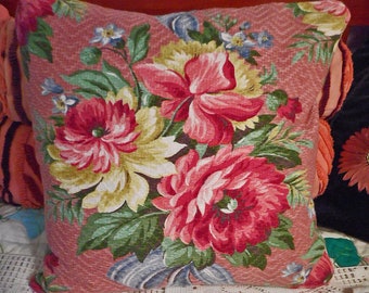 Peony BOUQUET BARKCLOTH Pillow Cover Green Leaves FMN Blue Ribbon Soft Rose Vat Dyed Diamond Weave Rare 1940s Fabric Mop Buttons 16" sq