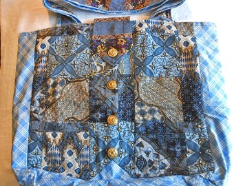 Patchwork Tote Bag Beaded Vest Necktie Straps Sturdy Repurposed Handmade Carryall
