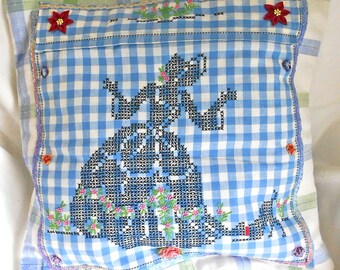Cottagecore Pillow Cover Lady & Playful Pup Blue Plaid Cotton Roses Embroidered Accent
