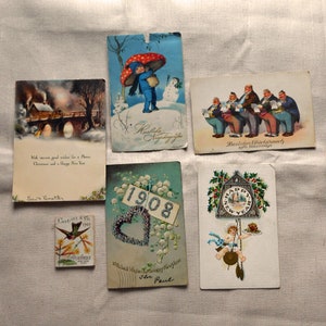 ANTIQUE POSTCARDS Lot & 1900 COLGATE Bird Calendar 5 Bright Snowy Winter Litho Scenes Clock Gilding Stamps Collage Junk Journals German Made