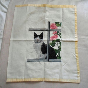 Pretty KITTY CAT Preworked Counted Cross Stitch Black & Gray Cat Window Sill Pink Roses 18 Count Aida Cloth 15 x 18 to Frame or Pillow image 2