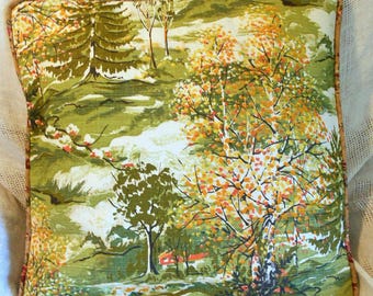 Autumn Treescape Pillow Cover Fall Barkcloth Cotton Woodsy Cottage Peaceful Scene