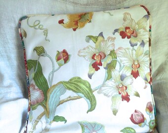 Orchid Pillow Cover Detailed Botanical Kaufmann Print Midcentury Style Handmade 16"