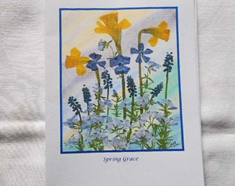 DAFFODIL SPRING GRACE Note Cards Meg Perry's Pressed Flower Art Yellow Blue on White Acid Free Paper 4 or 8 Packet & Envelopes Writer Gift