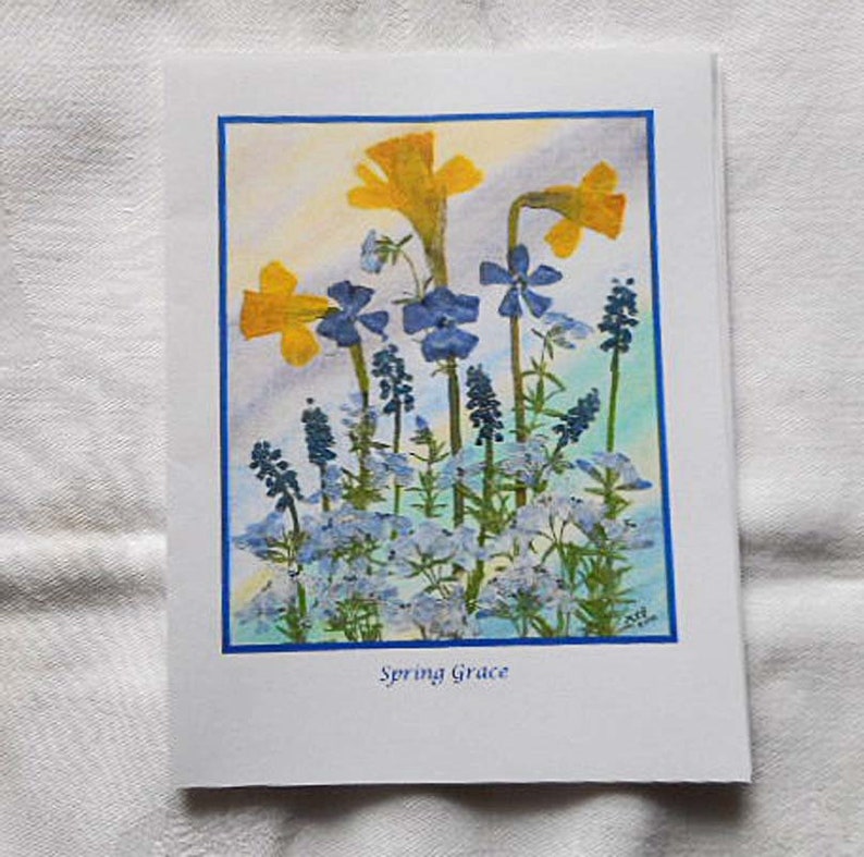 DAFFODIL SPRING GRACE Note Cards Meg Perry's Pressed Flower Art Yellow Blue on White Acid Free Paper 4 or 8 Packet & Envelopes Writer Gift 4 cards and env