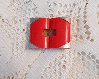 Cherry Red BAKELITE Art Deco BELT BUCKLE 2 pc Silver Corners Geo Design, Metal Hook Raised Brackets Clothing Accent Vintage 1930 Estate Find