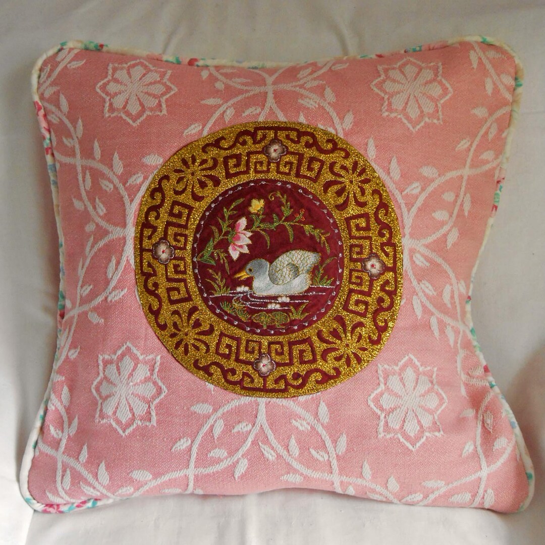 Peaceful DUCK & PINK MATELASSE Pillow Cover Embroidered Circle Applique