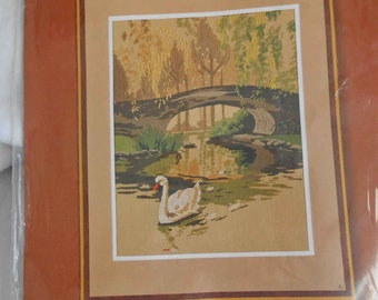 SWAN On POND NEEDLEPOINT Kit to Make Wool Embroidery Yarn Printed Cotton/Poly Needle Instructions 11 x 14 sz Diy Unused Sunset Designs Gift