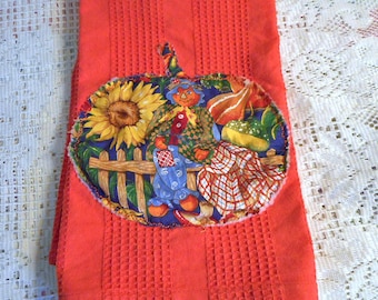 Smiling Scarecrow Tea Towel Orange Waffle Weave Cotton Fall Harvest Newly Altered