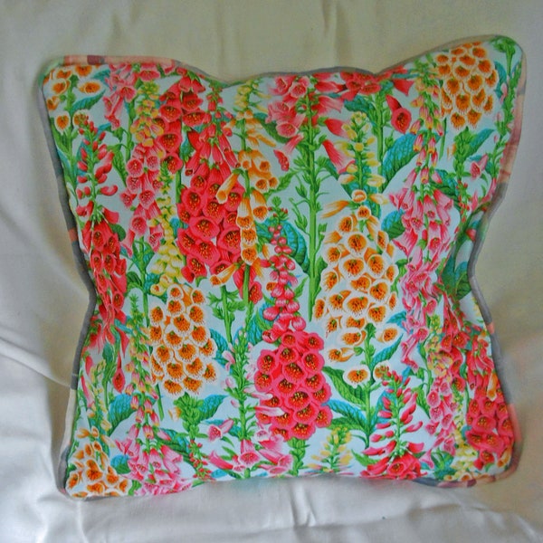 Radiant FOXGLOVE PILLOW COVER Spring Pink Red Yellow Blooms Green Leaves Pink Linen Back Piping Button Opening 16" Meg Perry Original Gift