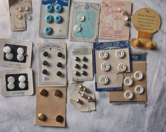 Vintage MIXED BUTTONS Lot on 13 Cards Brass Mother of Pearl Cuff Links Wool Sculpted Plastic Flat & Shank Tailor Sewing Collage Craft Supply
