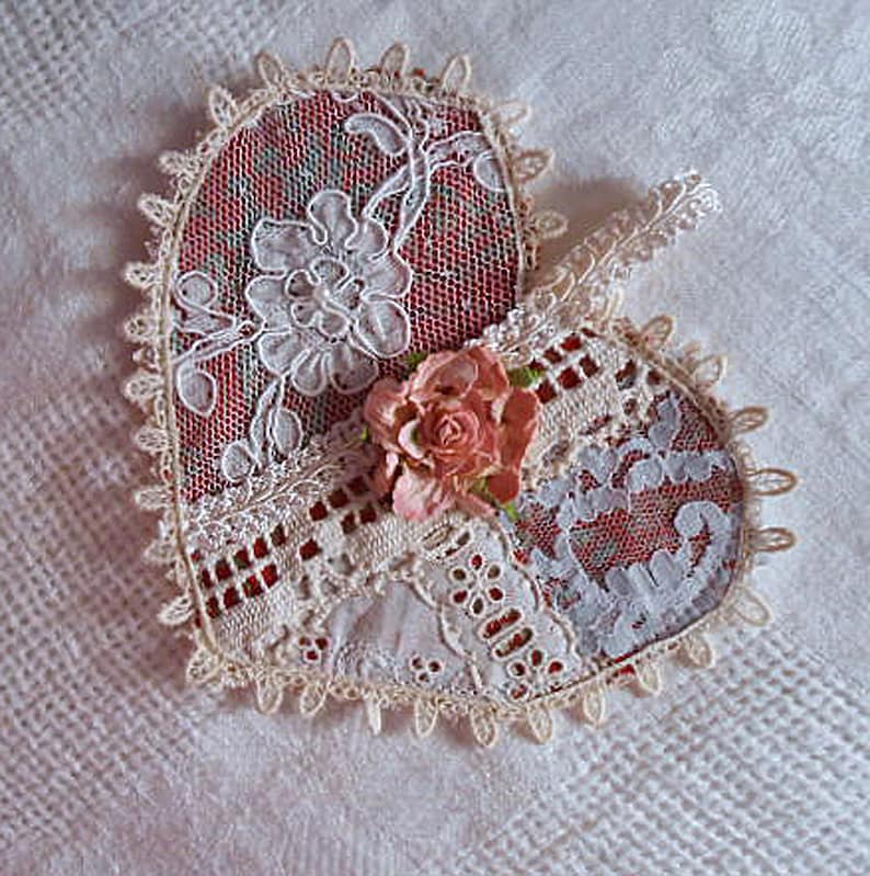 CRAZY for You HEART Collage Sweet Girlie Love Upcycled Bridal & Vintage Lace Patchwork Fabric