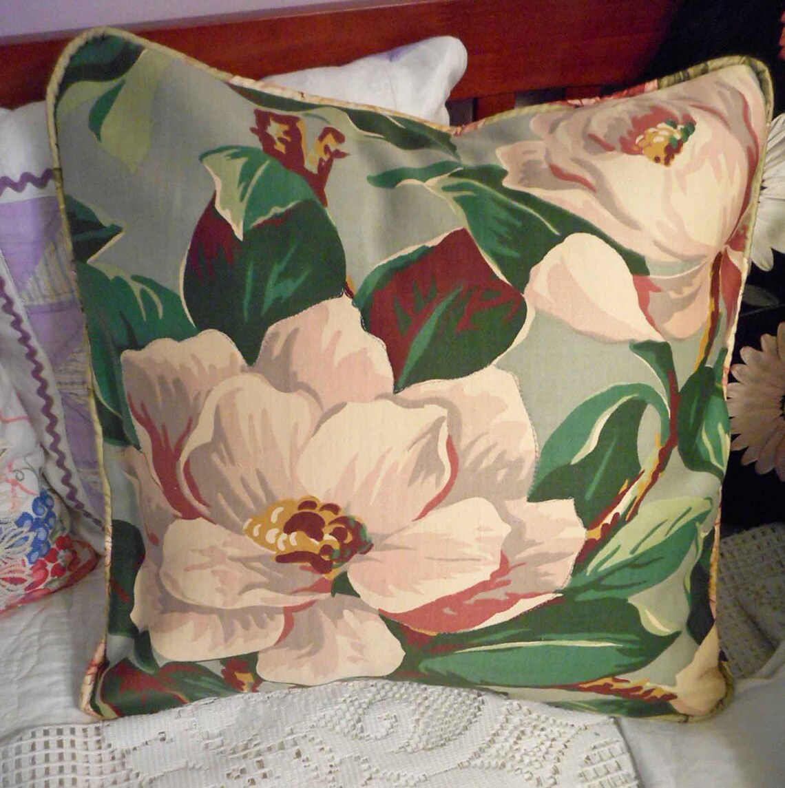 FLOWERING MAGNOLIA Pillow Cover Cream Pink Blooms & Big Leaves Etsy