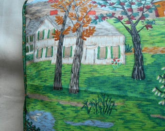 Grandma Moses Pillow Cover Mt Nebo Farm Barkcloth Cotton Print Peaceful Autumn Scene