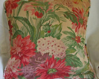 COTTAGE GARDEN Pillow Cover Dahlias Peonies Hydrangea Leafy Green Print on Vintage Vat Dyed Cotton Red Pink Blooms, Piping Button Back 16"