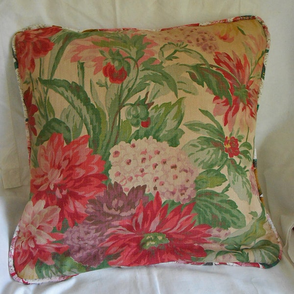 COTTAGE GARDEN Pillow Cover Dahlias Peonies Hydrangea Leafy Green Print on Vintage Vat Dyed Cotton Red Pink Blooms, Piping Button Back 16"