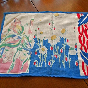 Handmade TABLECLOTH REMNANTS Table Runner D S Pastel Tulips Daisies Daffodil Mexican Scene Feedsack RWB Borders 12 x 40 Blue Tropical Back image 2