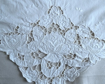 XL Cotton Pillow Cover Cutwork Flower Design Hand Embroidery Bed or Couch Decor