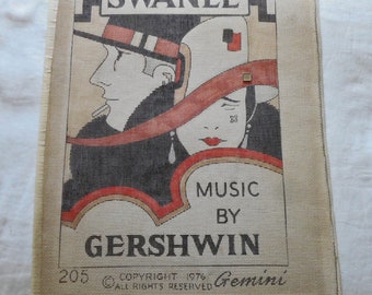 Painted Gershwin SWANEE SHEET MUSIC Needlepoint Canvas Classy Art Deco Couple Hats Fur Collars Geo Designs 16 x 21 Vintage Gemini 205 Find