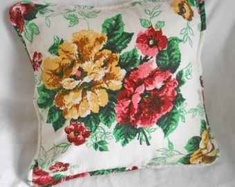 ROSES BARKCLOTH Pillow Cover Red Pink Yellow Blooms on White Nubby Vintage Fabric, Piping Chenille Back Soft Handmade Throw Upcycled 15" sq