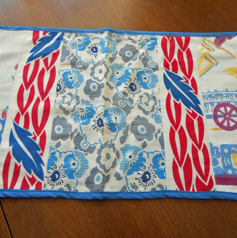 Handmade TABLECLOTH REMNANTS Table Runner D S Pastel Tulips Daisies Daffodil Mexican Scene Feedsack RWB Borders 12 x 40 Blue Tropical Back zdjęcie 3